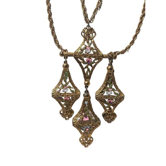 Quality Estate Enamel Floral Pendant Necklace Goldtone Double Chain Victorian